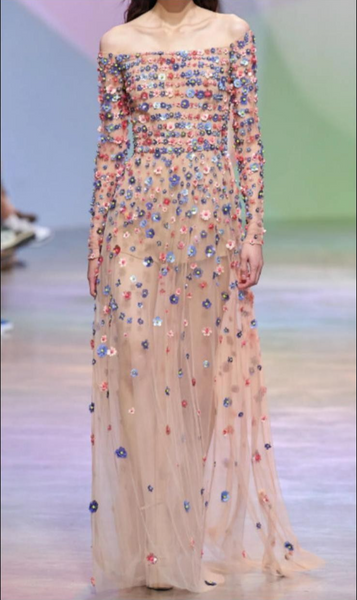 Elie Saab Women's Evening Gown Off-Shoulder Bead Embroidered Size 0-2 Diamonds Sapphires Rubies Emeralds Elie Saab Women's Evening Gown Off-Shoulder Bead Embroidered Size 0-2 Diamonds Sapphires Rubies Emeralds