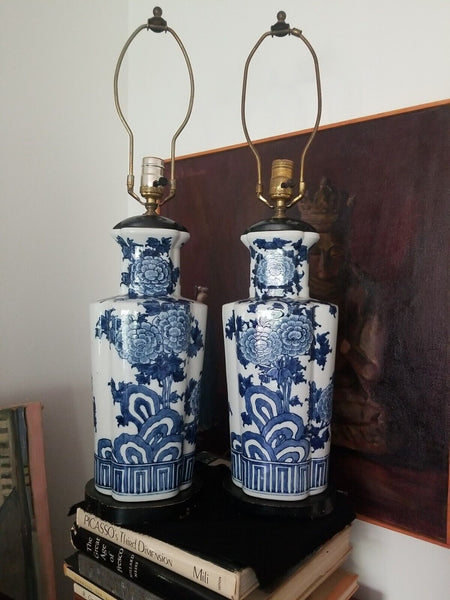 Pair Of Vintage Chinese Porcelain Blue And White Lamps