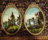 Pair Of Framed Oval Convex Glass Paintings Castles IMPERFECT CONDITION SEE PICS!