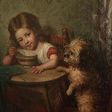 150 Years Old Oil Painting Girl With Dog Signed