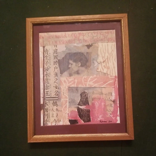 Vintage Collage Art Mixed Media Chinese  Caligraphy Framed Art Signed #9508