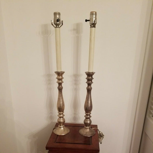 Pair Of Vintage Silvered Large Candlestick Lamps