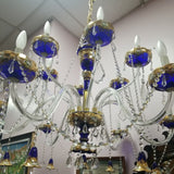 Czechoslovakia Chandelier 12 Light Crystal Overlay With Enamel  Cobalt Blue