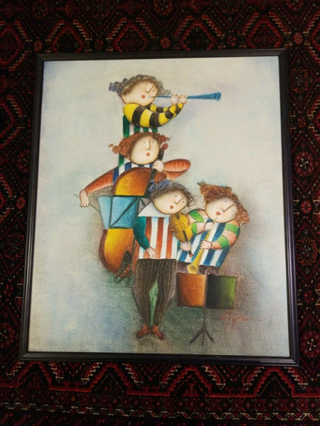 Stylized Signed Painting Of Kids Playing Music Joyce Roybal 21" x 25"