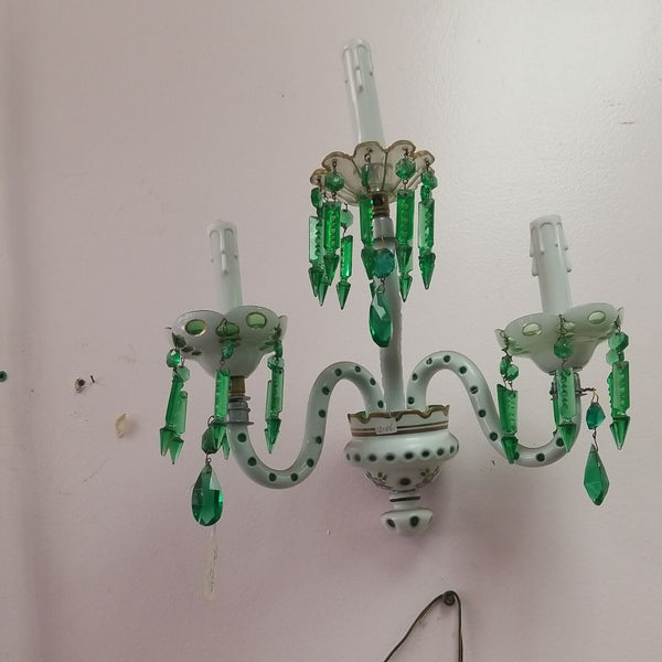 Pair Of 3 Light  Crystal Overlay White And Green Sconces