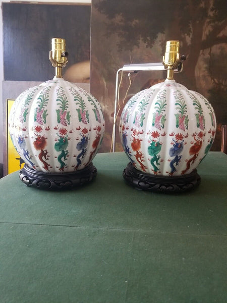 Pair Of Antique Chinese Porcelain Enamel Lamps