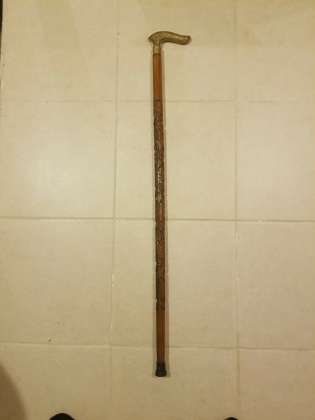Carved Wooden Cane/ Walking Stick 36.625" HANDLE IS LOOSE