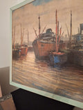 Antique Painting Signed Ships Harbor Impressionist