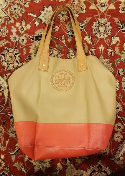 Tory Burch Large Tote Beige and Red - Diamonds Sapphires Rubies Emeralds