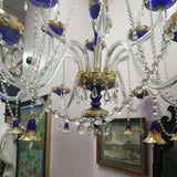 Czechoslovakia Chandelier 12 Light Crystal Overlay With Enamel  Cobalt Blue