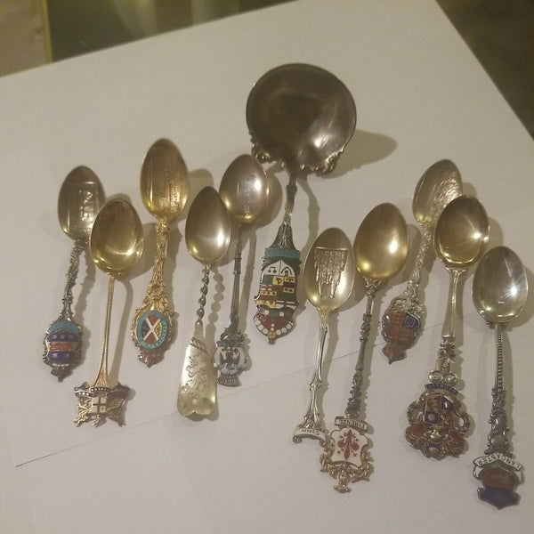 Antique Set Of 11 Silver With Enamel Teaspoons European and Canadian Mint Condit