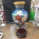 Pair Of Metalic Floral Vases with wooden custom bases perfect condition