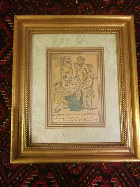 Framed Engraving by J.G. de Sainte Sauveur and Labrousse Homme Femme et Enfantr