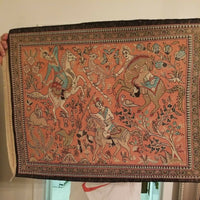 Antique 1960's Salmon Silk Hunting Scene Hand Knotted Mint Condition Rug