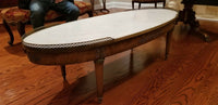 Antique White Marble Oval Coffee Table with Wood - Diamonds Sapphires Rubies Emeralds