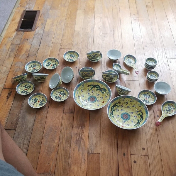 Mid century Modern Vintage Chinese porcelain Dragon Dish Set of 36 pieces