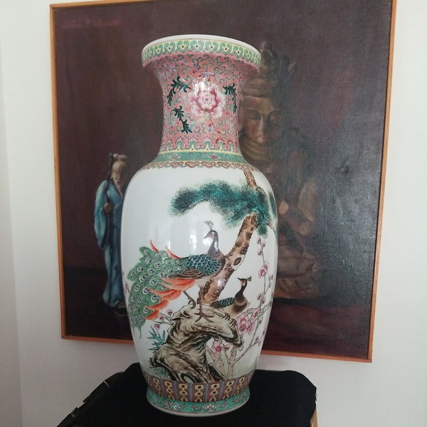 Vintage Chinese Porcelain Large Peacock Vase Signed