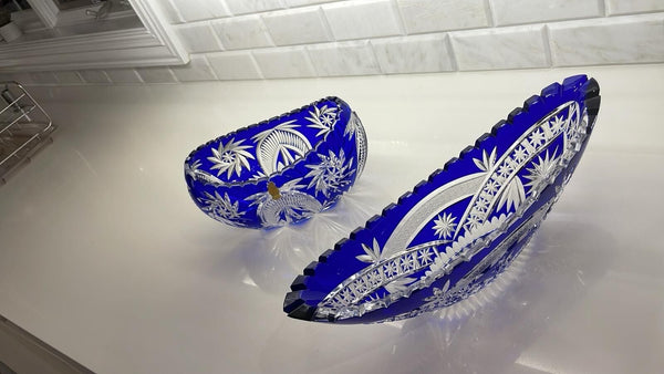 Set of 2 Blue Imperlux Lead Crystal Centerpieces Made in Germany