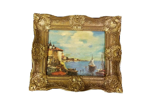 Framed Painting On Canvas Of Mediterranean Coastal Scene (Possible Greece)