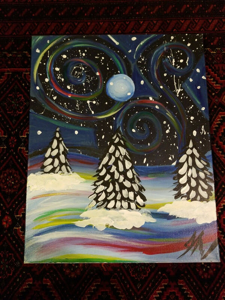 Signed Stylized Painting of Evening Snow Scene on Canvas