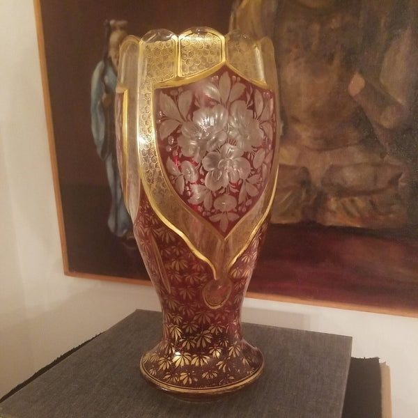 Antique Moser Bohemian Glass Gold Ruby Vase