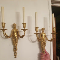 Nude Erotic Antique French Pair of Gilt Bronze Sconces in Working Condition