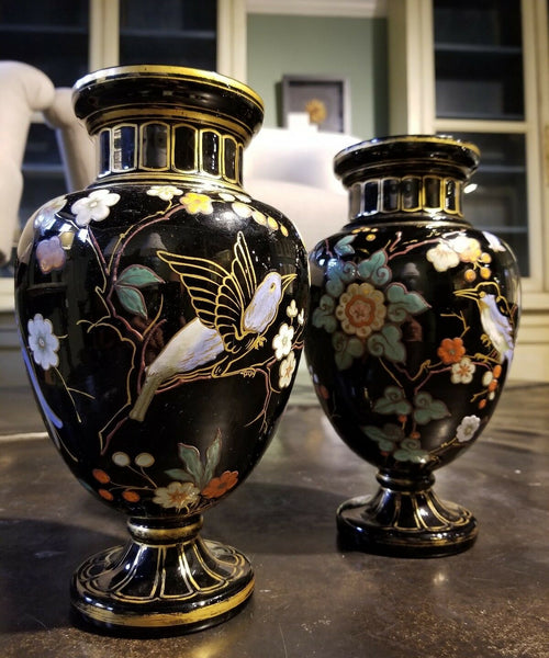 Pair of Vintage Moser Bohemian Gold Overlay Butterfly Bug Raised Glass Vases - Diamonds Sapphires Rubies Emeralds