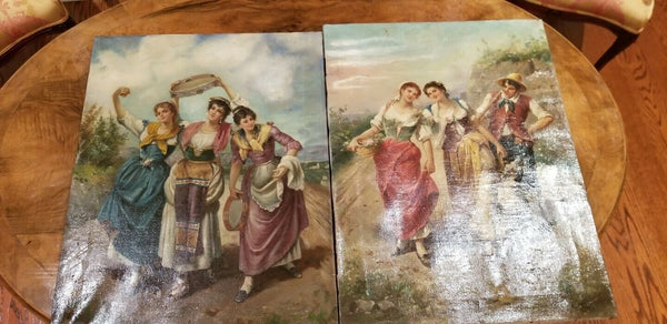 Pair of Oil on Canvas Paintings of Gypsies - Diamonds Sapphires Rubies Emeralds