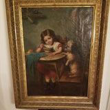 150 Years Old Oil Painting Girl With Dog Signed