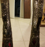 Pair of Tall Metal and Red Glass Indian Candle Holders