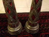 Pair of Tall Metal and Red Glass Indian Candle Holders