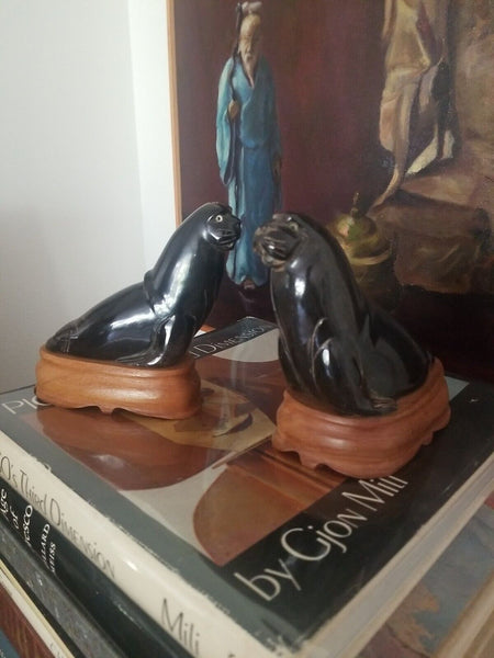 Vintage Pair Of Carved Seal Eskimo Sculptures