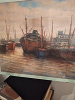 Antique Painting Signed Ships Harbor Impressionist