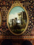 Pair Of Framed Oval Convex Glass Paintings Castles IMPERFECT CONDITION SEE PICS!