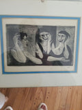 Antique Mid century Modern signed  Girl's Etching #91508