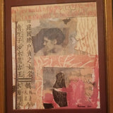 Vintage Collage Art Mixed Media Chinese  Caligraphy Framed Art Signed #9508