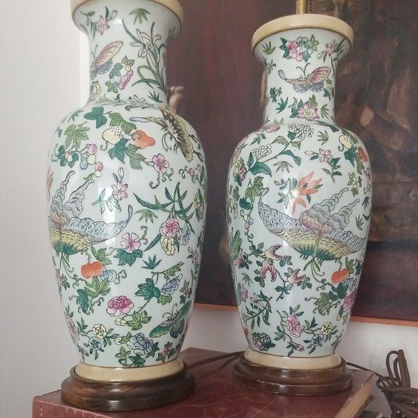 Vintage Pair Of Chinese porcelain Lamps Enamel