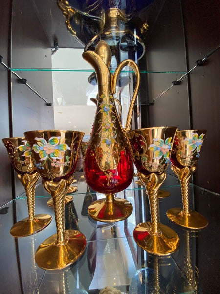 Set of Unique Wine Glasses and Pitcher