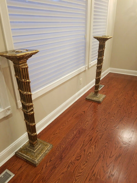 Pair of Gilded Wood Posts Columns - Diamonds Sapphires Rubies Emeralds