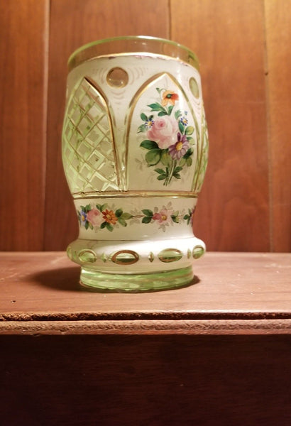 Antique overlay moser bohemian vase spa glass enamel decoration jade to clear - Diamonds Sapphires Rubies Emeralds