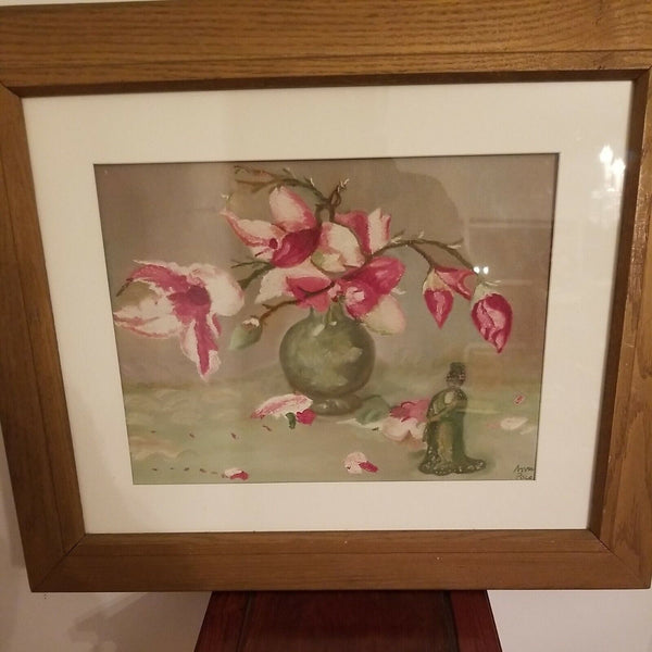 Vintage Asian Painting Still Life Green Flower Vase