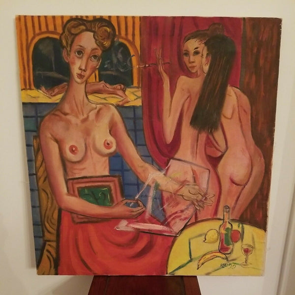 1950's Nude Girls Oil Painting Modernist  Signed