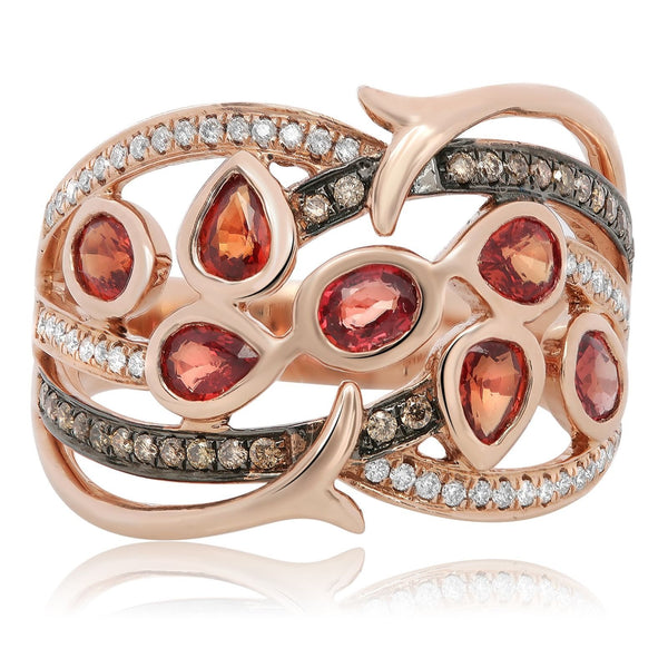 14K Rose Gold Ring with Orange Sapphires and Choclatey Diamonds in Finger Size 7 - Diamonds Sapphires Rubies Emeralds