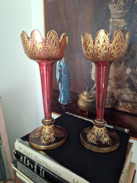 Pair Of Antique Moser Bohemian Glass Ruby Lustres