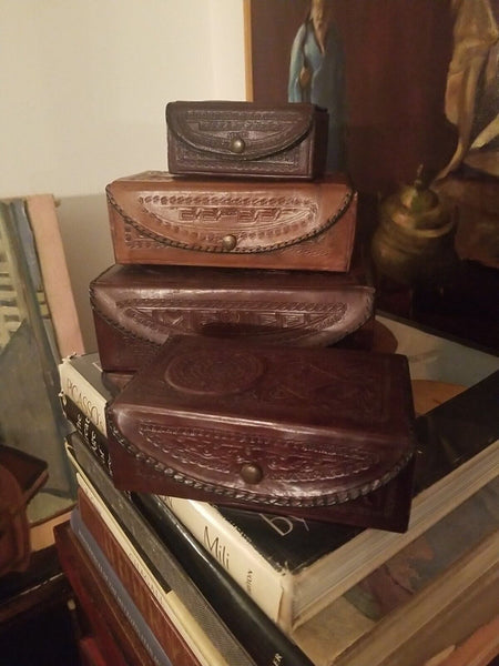 Vintage Leather Collection of 4 Jewelry Boxes Embossed