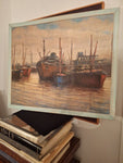 Antique Painting Signed Ships Harbor Impressionist