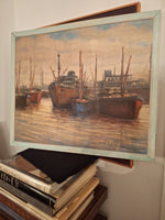 Antique Painting Signed Ships Harbor Impressionist