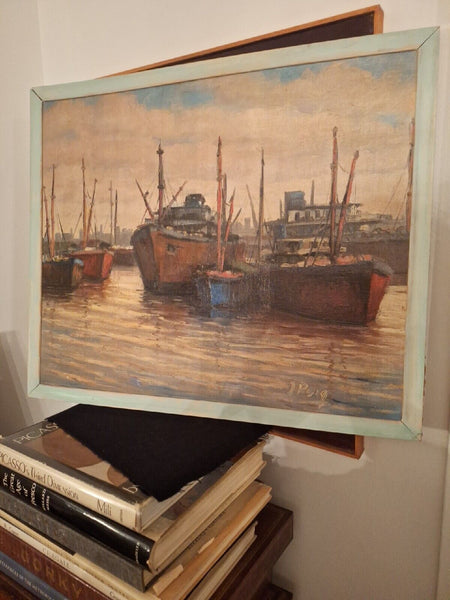 Antique Painting Signed Ships Harbor Impressionist