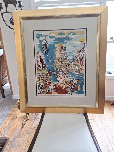Vintage Nude Girl Raoul Dufy Lithograph Beach Scene Designer Frame