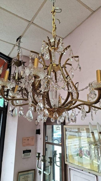 PAIR OF BRONZE AND CRYSTAL CHANDELIERS